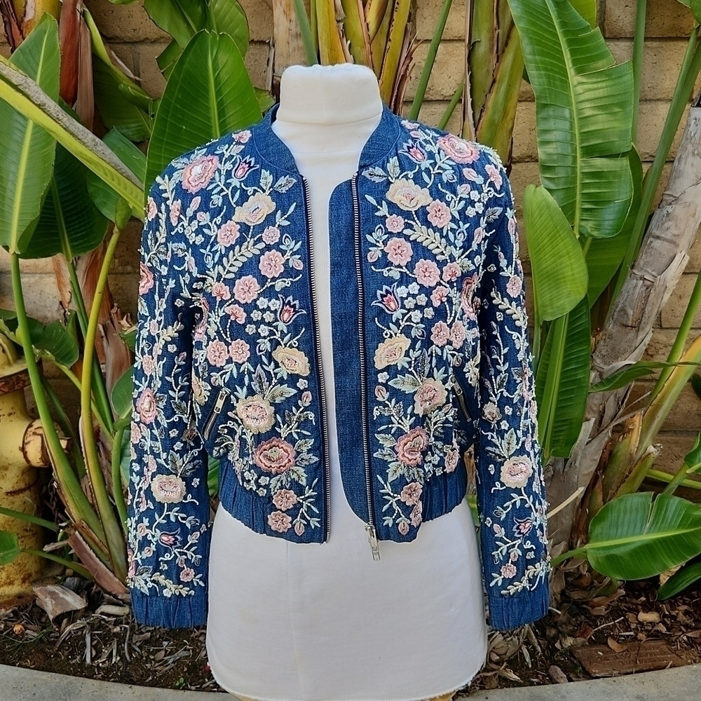 Needle & Thread Sundaze Floral Embroidered Denim Bomber Jacket 2 - Picture 2 of 13